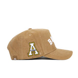 The App State Rustic Hat by No Rivals is a structured brown cotton canvas hat with white stitching, BOONE embroidered in white on the front, and a yellow and black A logo patch on the side.