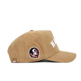 The Florida State Rustic Hat by No Rivals is a tan structured cotton canvas cap with white front embroidery, a colorful Native American head logo on the side, an NR tag by the brim, and a classic snapback closure.