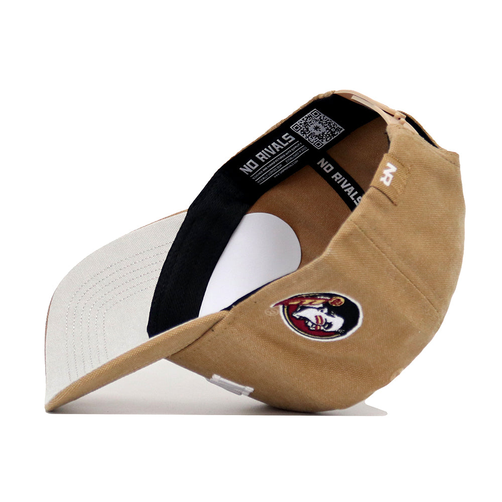 The Florida State Rustic Hat by No Rivals is shown inside out, featuring a circular Native American-inspired logo on the side and "NO RIVALS" printed on the black inner band. The hat is tan and white with a snapback closure.
