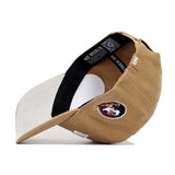 The Florida State Rustic Hat by No Rivals is shown inside out, featuring a circular Native American-inspired logo on the side and "NO RIVALS" printed on the black inner band. The hat is tan and white with a snapback closure.