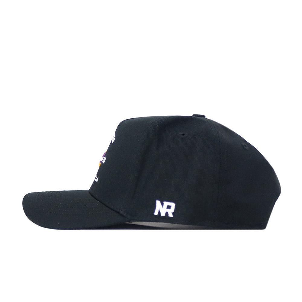 Check out the LSU Outlaw Hat - Black by No Rivals: a classic snapback baseball cap featuring a sleek white “NR” embroidered logo near the back and shown here in a stylish side view—perfect for completing your gameday look.