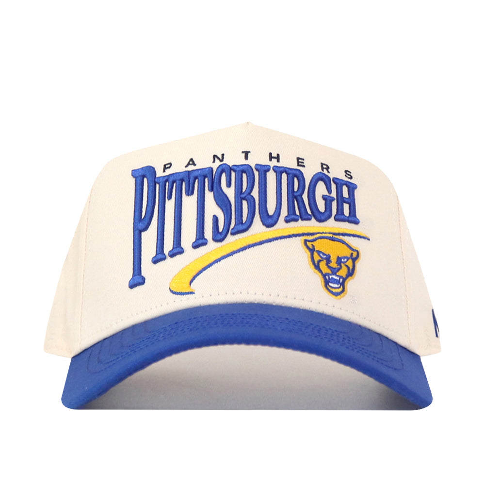 The No Rivals Pittsburgh Panthers Stride Hat is a white and blue snapback featuring an embroidered Pittsburgh Panthers wordmark and panther logo on the front. It offers a structured fit and is crafted from high-quality cotton.