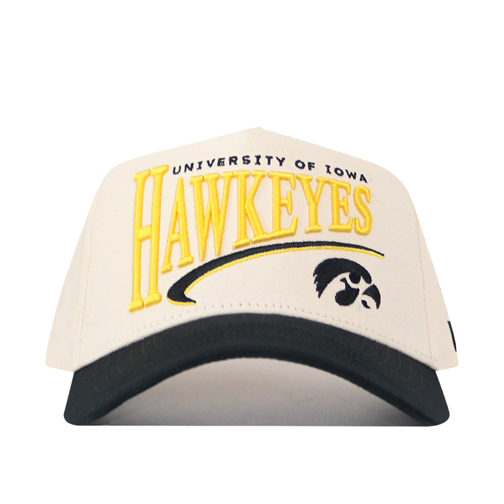 Introducing the Iowa Hawkeyes Stride Hat by No Rivals—a white and black snapback cap featuring a bold yellow swoosh and a black hawk logo on the front. Expertly crafted from high-quality cotton, this hat offers a structured fit for lasting comfort and iconic style.