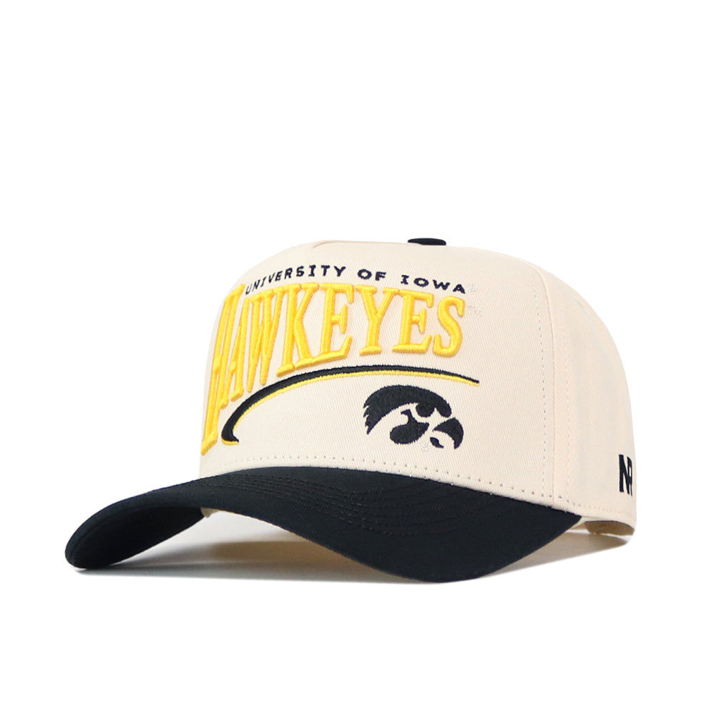 The No Rivals Iowa Hawkeyes Stride Hat is a cream and black snapback featuring the University of Iowa Hawkeyes name and the team’s logo embroidered in yellow and black on the front. Crafted from high-quality cotton, this structured fit cap offers lasting comfort and style.