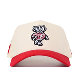 Introducing the Wisconsin Patch Hat by No Rivals—a beige and red snapback cap featuring a high-quality embroidered University of Wisconsin Bucky Badger patch on the front. This officially licensed hat is perfect for true fans who appreciate standout logos and authentic style.
