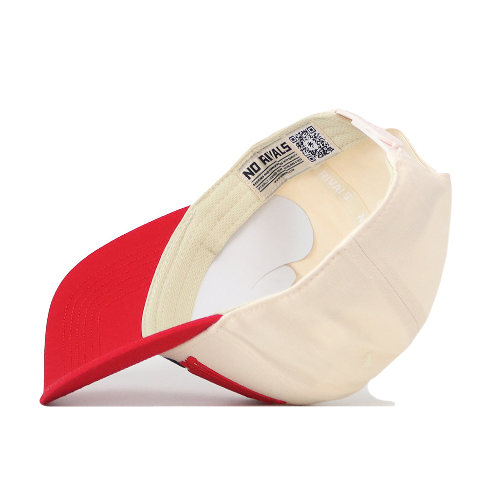 The No Rivals SMU Mustangs Stride Hat is shown inside out, highlighting the inner tags, sweatband, and stitching. Featuring a red visor and beige crown, this officially licensed snapback cap displays detailed embroidered SMU Mustangs logos for an authentic look.
