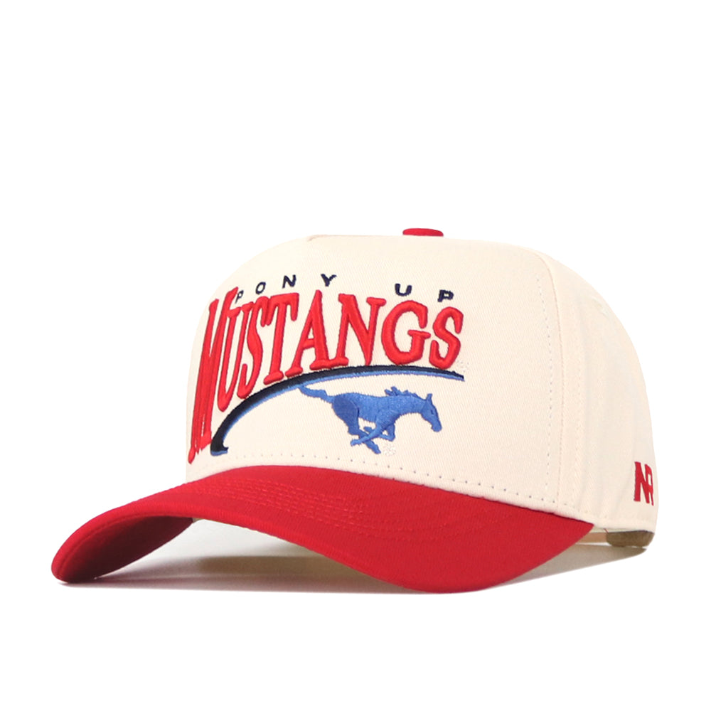 A white and red No Rivals SMU Mustangs Stride Hat featuring officially licensed embroidered “PONY UP MUSTANGS” text and a blue running horse logo on the front.