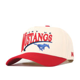 A white and red No Rivals SMU Mustangs Stride Hat featuring officially licensed embroidered “PONY UP MUSTANGS” text and a blue running horse logo on the front.