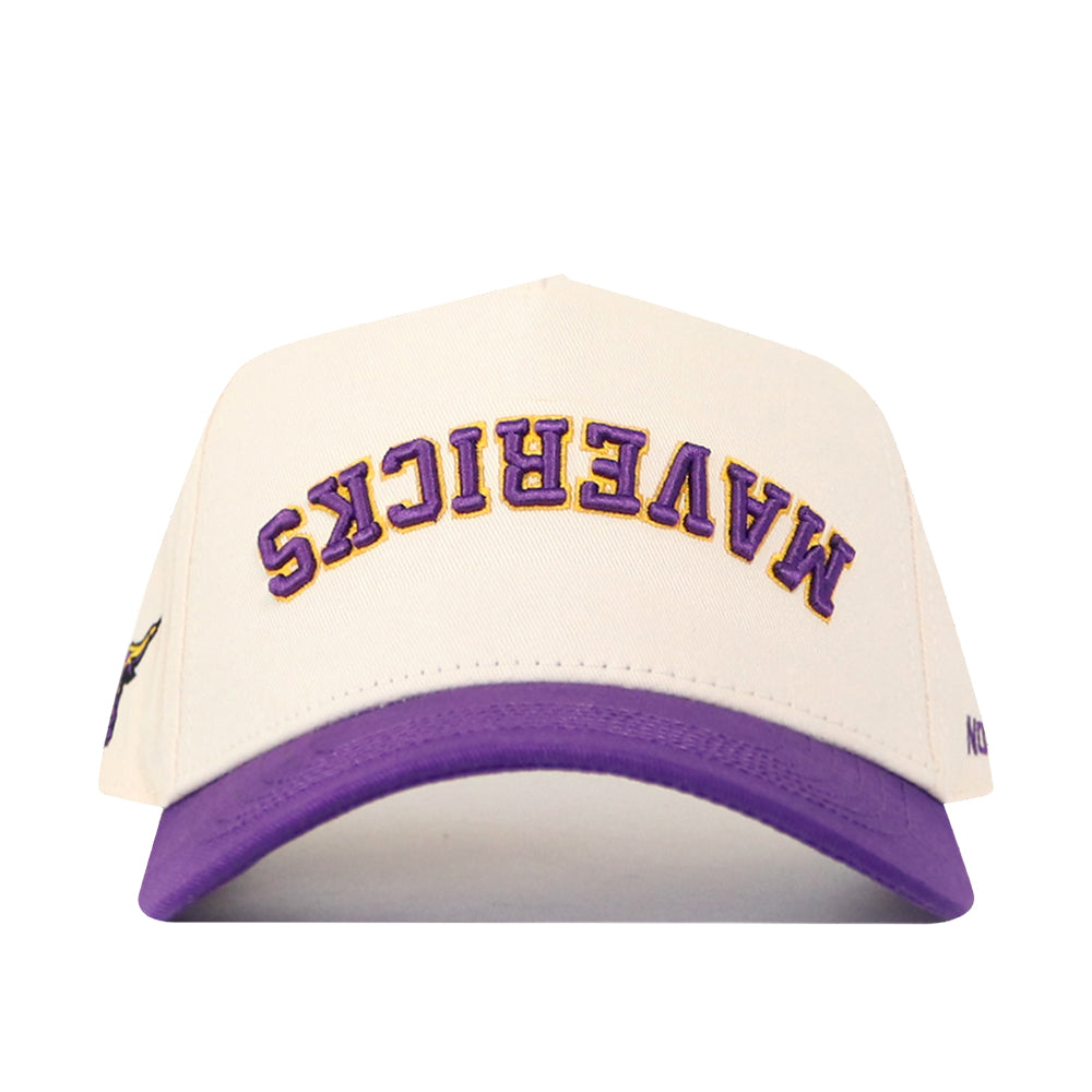 Show your Minnesota State Mavericks pride with the No Rivals Minnesota State Mavericks | Upside Down Mavericks Hat - Classic—a white snapback baseball cap featuring a purple brim. MAVERICKS is boldly embroidered upside down in purple and gold on the front, adding a unique twist to your fan gear.
