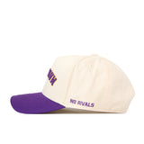 Show your team spirit with the Minnesota State Mavericks | Upside Down Mavericks Hat - Classic by No Rivals. This cream-colored snapback baseball cap features a purple brim and “NO RIVALS” embroidered in purple thread on the side, making it a must-have accessory for Minnesota State Mavericks fans.