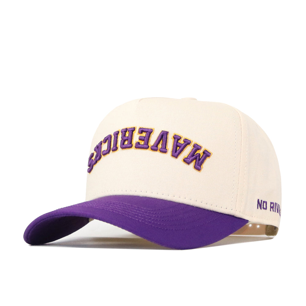 Channel Minnesota State Mavericks spirit with the Classic Upside Down Mavericks Hat by No Rivals—a cream-colored snapback baseball cap featuring a bold purple brim. The front showcases the word “MAVERICK” embroidered upside down in purple and yellow, while “NO RIVALS” is stitched on the side.