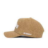The Clemson Rustic Hat by No Rivals is a tan cotton canvas hat with a flat brim and white "NO RIVALS" embroidery on the side.