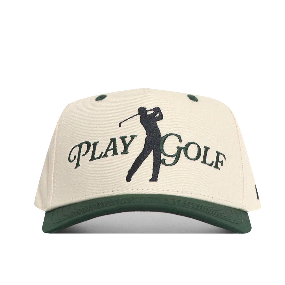 The No Rivals Play Golf Hat - Classic Green is a cream snapback cap with a green brim, PLAY GOLF text, and an embroidered golfer logo—ideal for your gameday style.