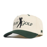 The No Rivals Play Golf Hat - Classic Green is a beige and dark green snapback cap with "PLAY GOLF" and a golfer silhouette embroidered on the front, plus NR letters and an embroidered logo for extra style.
