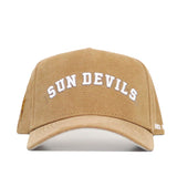 The Arizona State Rustic Hat by No Rivals is a tan cotton canvas snapback with SUN DEVILS embroidered in white, a structured fit, curved brim, and visible stitching for a classic look.