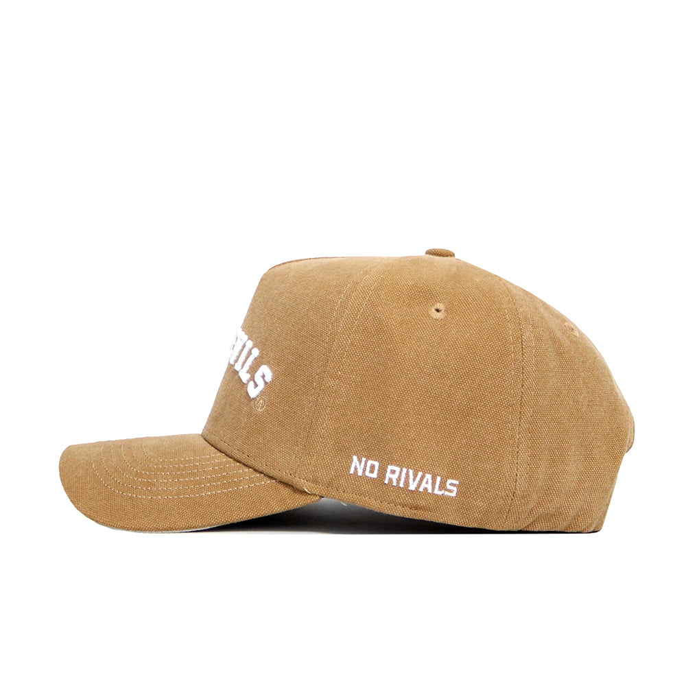 The Arizona State Rustic Hat by No Rivals is a tan cotton canvas snapback with a structured fit, curved brim, and white embroidered NO RIVALS text on the side and front. Shown in side profile against a white background.