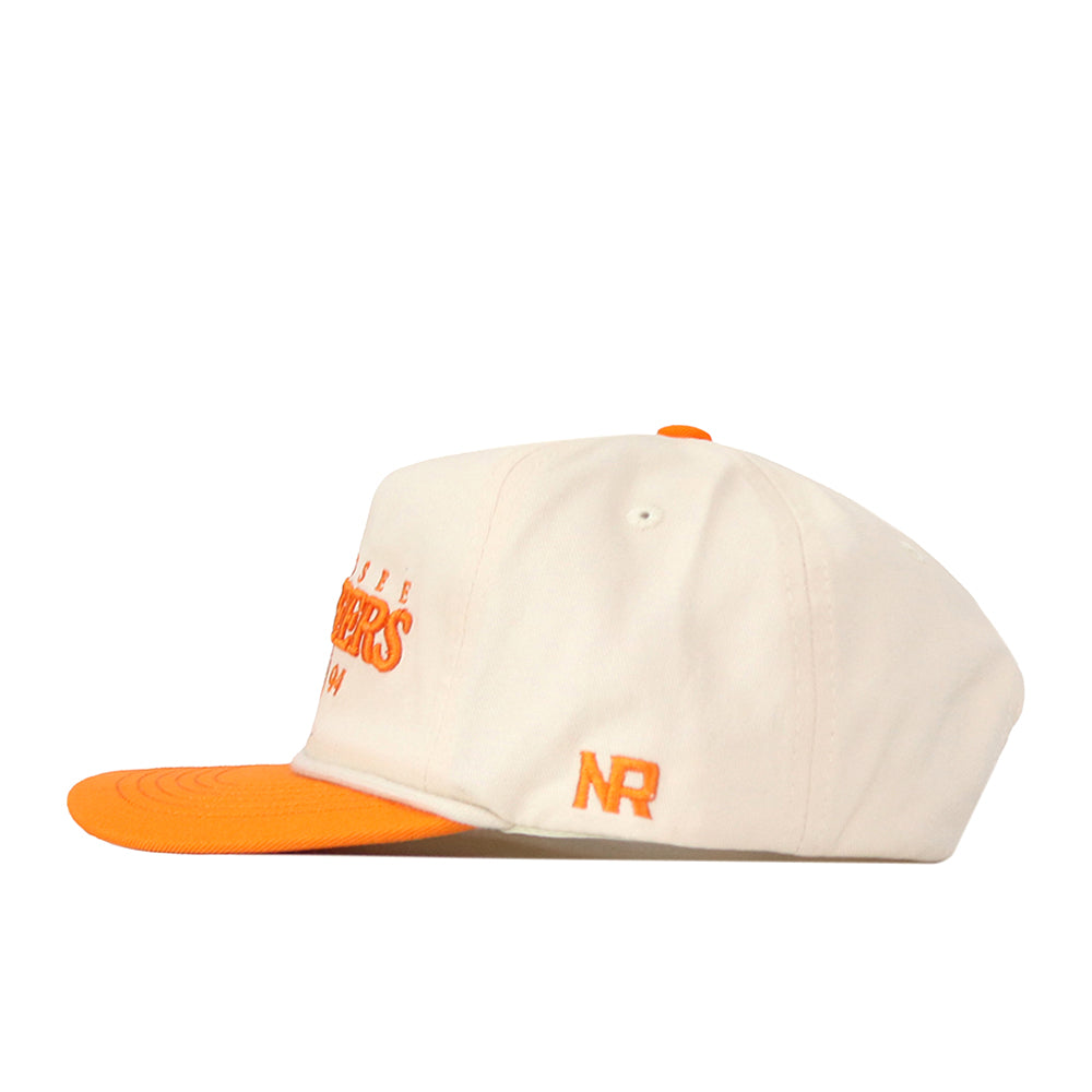 A No Rivals Tennessee Starter Hat, featuring a white crown with an orange brim and orange embroidered NR lettering on the side, along with an officially licensed embroidered logo, is displayed in profile against a white background.