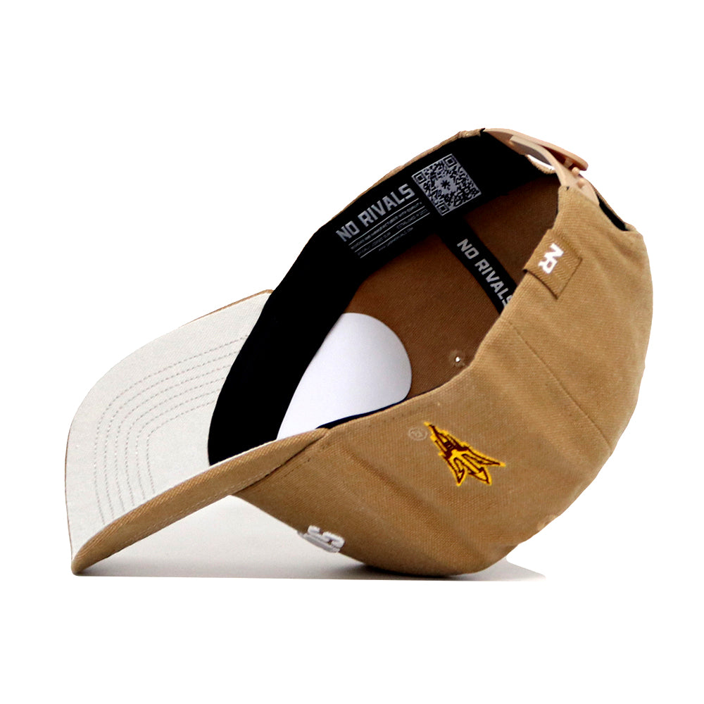 The Arizona State Rustic Hat by No Rivals features tan and beige cotton canvas, a white underbrim, an interior black NO RIVALS band, and a yellow embroidered logo on the side. This structured hat blends comfort and style.