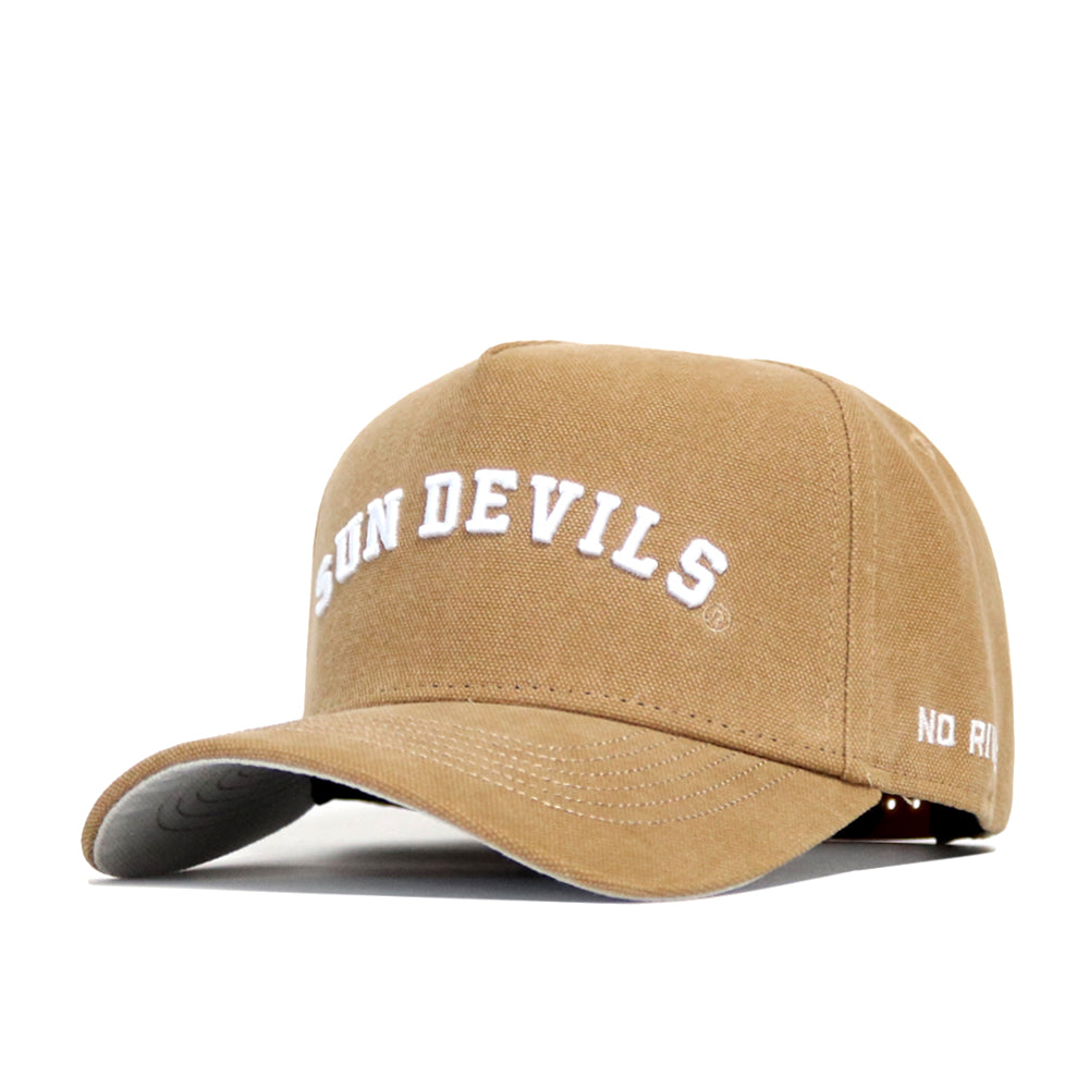 The Arizona State Rustic Hat by No Rivals is a tan cotton canvas hat with "SUN DEVILS" embroidered in white on the front and "NO RIVALS" stitched on the brim. It features a structured fit, curved bill, and classic visible stitching.