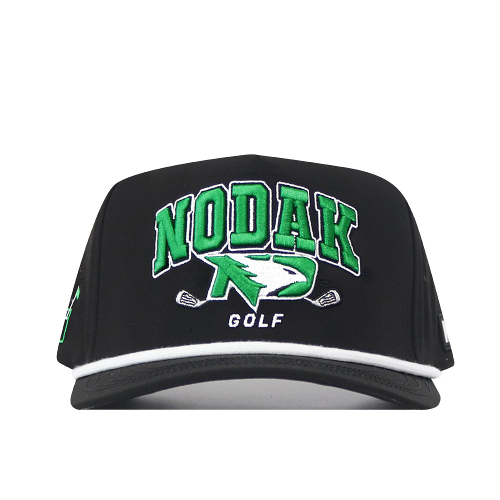 Introducing the No Rivals North Dakota Golf Hat – Black. This officially licensed cap features NODAK embroidered in green, white, and black letters on the front, accompanied by a stylized hawk logo above two crossed golf clubs and the word “GOLF” below. Designed for comfort, it includes a snapback adjustment for a perfect fit.