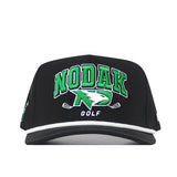Introducing the No Rivals North Dakota Golf Hat – Black. This officially licensed cap features NODAK embroidered in green, white, and black letters on the front, accompanied by a stylized hawk logo above two crossed golf clubs and the word “GOLF” below. Designed for comfort, it includes a snapback adjustment for a perfect fit.