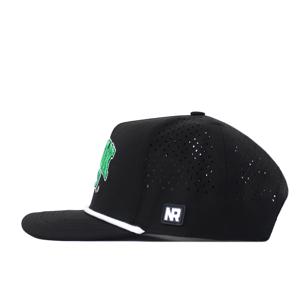 No Rivals North Dakota Golf Hat in black, featuring a green embroidered design, white trim above the brim, and perforated side panels for ventilation. The hat has a rectangular NR logo patch on the side and is shown in a side profile view. It includes a Snap Back Adjustment for a comfortable fit.
