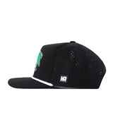 No Rivals North Dakota Golf Hat in black, featuring a green embroidered design, white trim above the brim, and perforated side panels for ventilation. The hat has a rectangular NR logo patch on the side and is shown in a side profile view. It includes a Snap Back Adjustment for a comfortable fit.