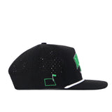 Introducing the North Dakota Golf Hat - Black from No Rivals: This black golf cap features a green embroidered golf flag and hole on the side, ventilation holes throughout the crown, a flat brim, and an adjustable snap back closure for the perfect gameday fit.