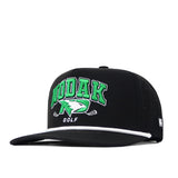 Introducing the North Dakota Golf Hat - Black by No Rivals. This stylish snapback features “NODAK GOLF” embroidered in green and white, accented with a hawk logo and two crossed golf clubs. The bold embroidered design is highlighted above a crisp white trim along the flat bill. Finished with an adjustable snapback closure for a customized fit.