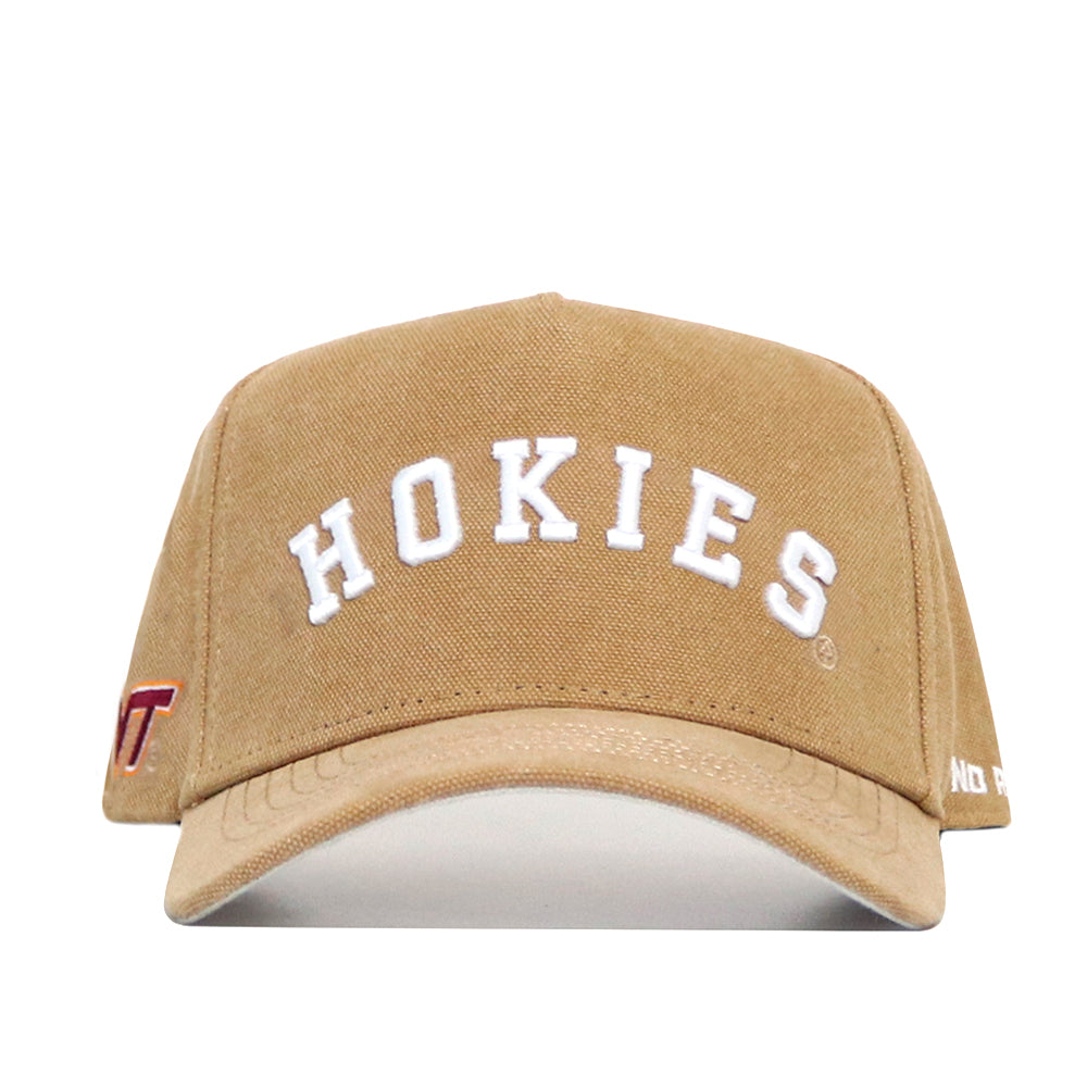 The No Rivals Virginia Tech Rustic Hat is a tan cotton canvas baseball cap with bold, white, arched "HOKIES" embroidery on the front, official licensing, a snap back closure, and small logo and text details on the sides.
