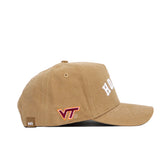 Side view of the Virginia Tech Rustic Hat by No Rivals, a tan cotton canvas cap with "VT" embroidered in maroon and orange, partially visible white "HO" on the front, NR tag near the back, adjustable snapback. Officially licensed.