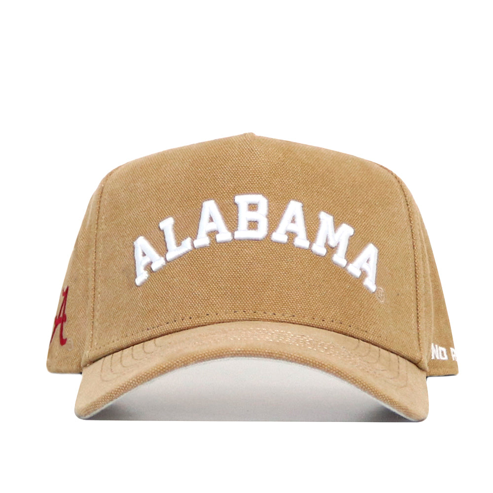 The No Rivals Alabama Rustic Hat is a tan cotton canvas baseball cap with "ALABAMA" in large white letters on the front, a red letter A on the left side, and an adjustable snap back for a structured fit.