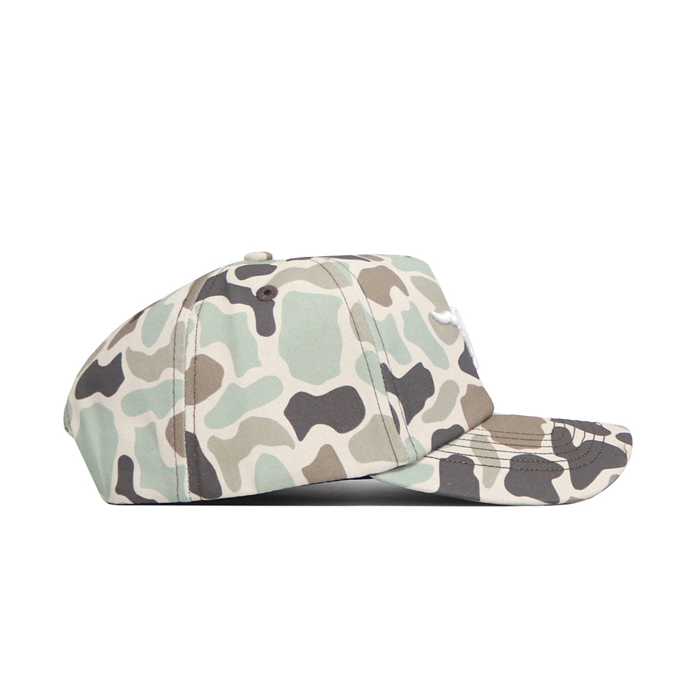A side view of the No Rivals SMU Huntsman Hat shows its flat brim and 5-panel design in green, beige, and brown camo. This snapback cap is displayed on a white background.