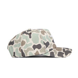A side view of the No Rivals SMU Huntsman Hat shows its flat brim and 5-panel design in green, beige, and brown camo. This snapback cap is displayed on a white background.