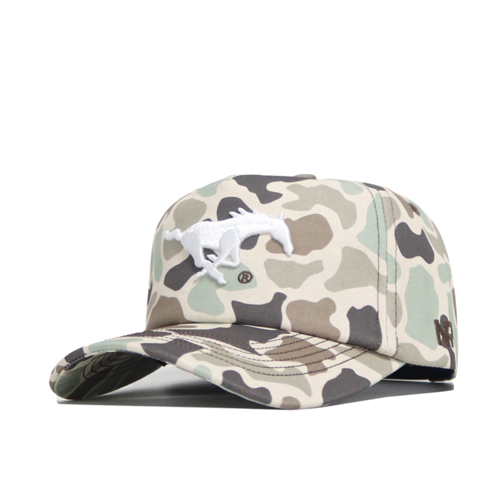 The No Rivals SMU Huntsman Hat features a duck camo 5-panel design with a white embroidered running horse logo, a curved brim, relaxed structured shape, and an adjustable snap back closure.