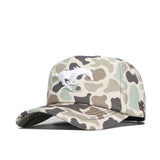 The No Rivals SMU Huntsman Hat features a duck camo 5-panel design with a white embroidered running horse logo, a curved brim, relaxed structured shape, and an adjustable snap back closure.