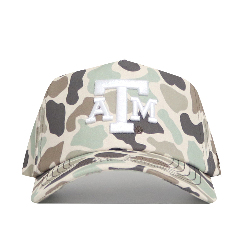 The No Rivals Texas A&M Huntsman Hat is a Duck Camo 5-panel baseball cap with a white ATM logo embroidered on the front.