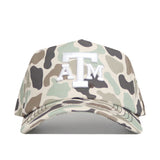 The No Rivals Texas A&M Huntsman Hat is a Duck Camo 5-panel baseball cap with a white ATM logo embroidered on the front.