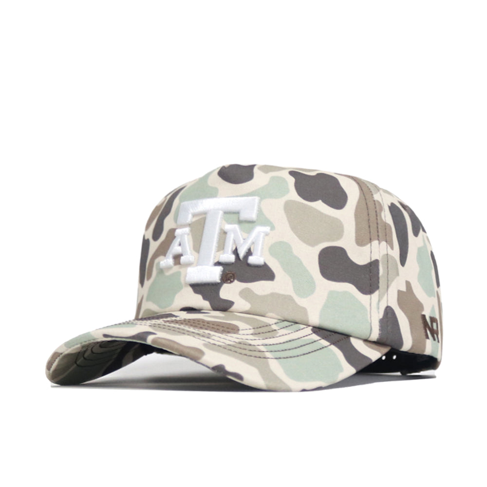 The No Rivals Texas A&M Huntsman Hat is a 5-panel duck camo cap with a white embroidered Texas A&M ATM logo, curved brim, and adjustable snapback strap.