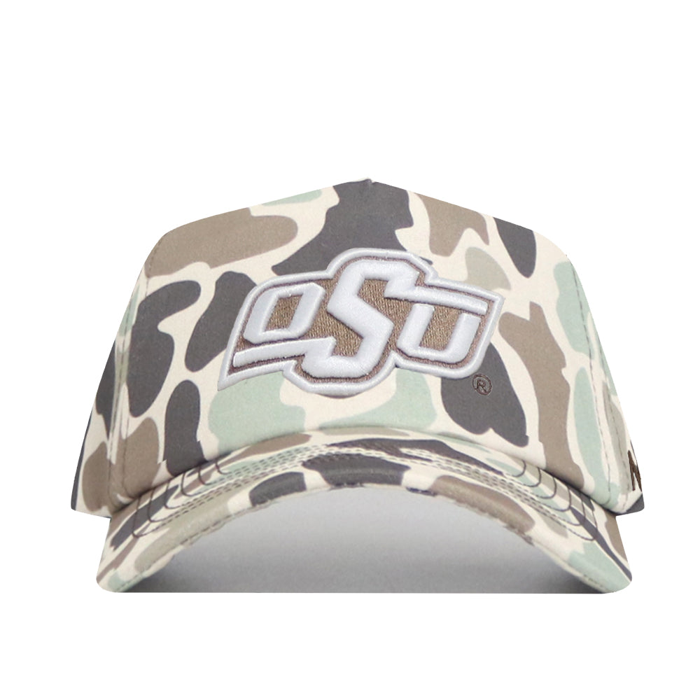 The No Rivals Oklahoma State Huntsman Hat is a 5-panel duck camo cap with white and gray OSU embroidery on the front, representing Oklahoma State University, and features an adjustable snap back for a perfect fit.
