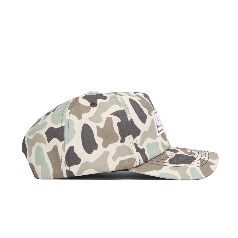 Side view of the Oklahoma State Huntsman Hat by No Rivals, a 5-panel cap with flat brim and snapback closure, featuring green, brown, and beige camo with white embroidered lettering on the front.