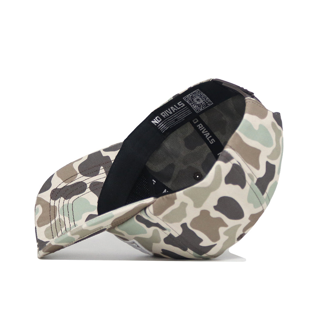 The Oklahoma State Huntsman Hat by No Rivals is a 5-panel baseball cap in classic green, beige, and brown camo. Turn it upside down to reveal the black inner band with repeating NO RIVALS text. Features an adjustable snap back design.