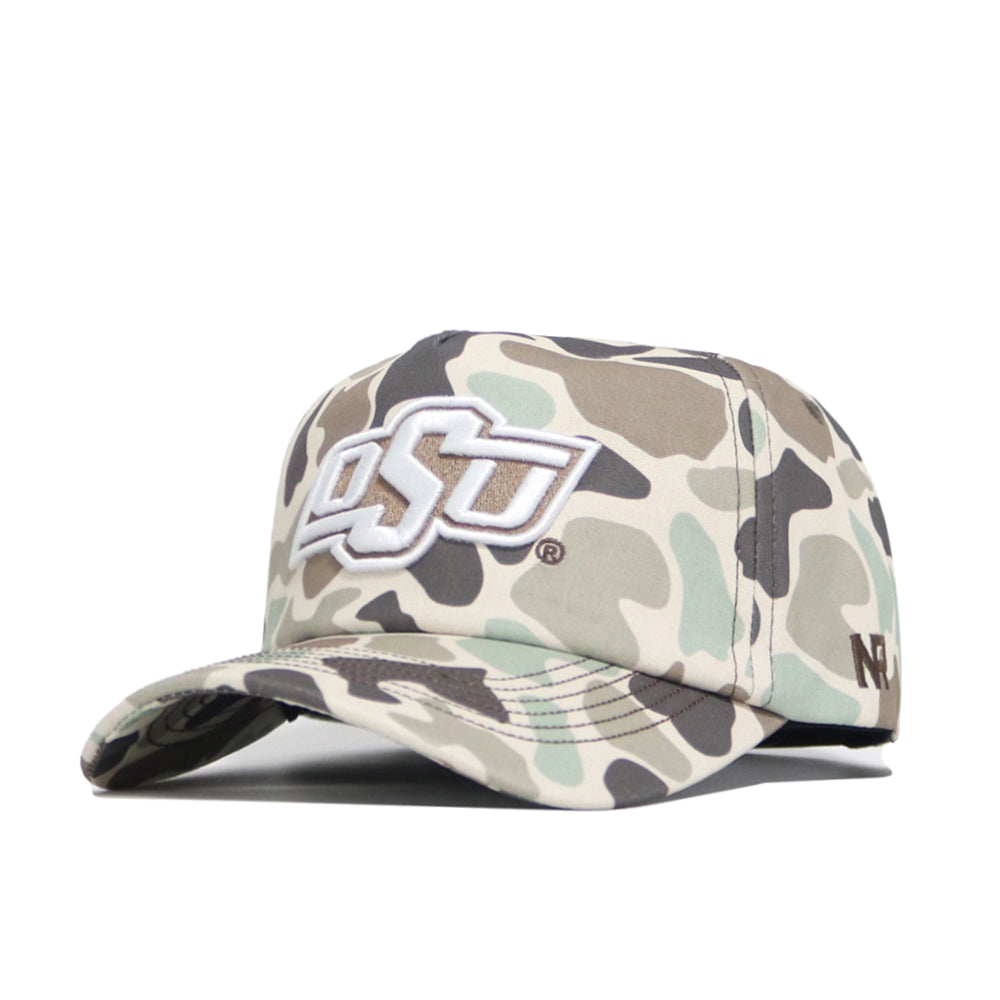 The Oklahoma State Huntsman Hat by No Rivals is a 5-panel duck camo baseball cap with an embroidered white OSU logo on the front and a snap back closure for adjustable fit.