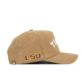 Side view of the No Rivals LSU Rustic Hat, a brown structured cotton canvas baseball cap featuring TIGERS in white on the front and LSU in purple and yellow above the left ear.