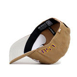 The LSU Rustic Hat by No Rivals showcases a tan and light gray cotton canvas design, flipped to reveal the embroidered yellow/purple LSU logo on the side and the NO RIVALS label on the inner black band, emphasizing its structured fit.