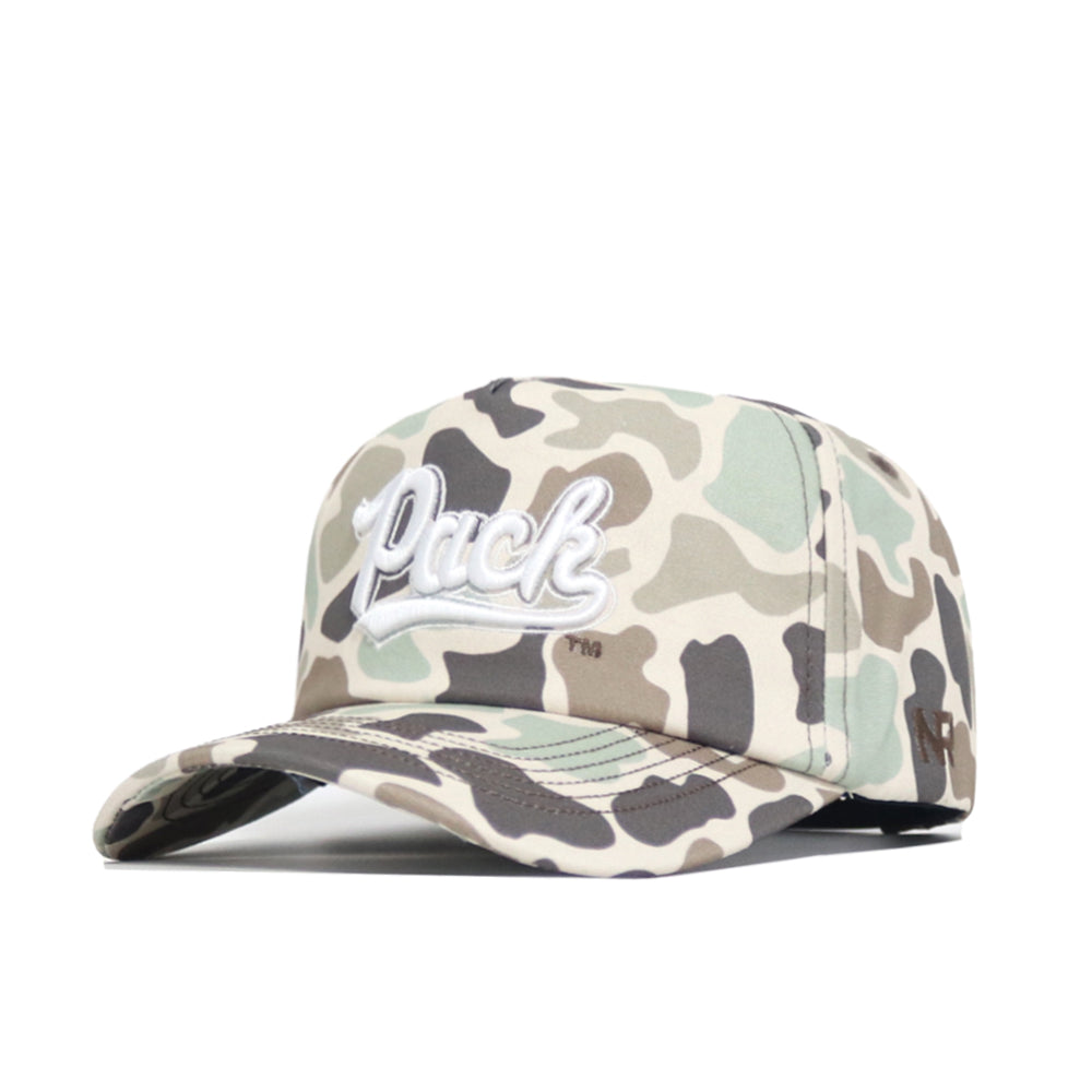 The No Rivals Nevada Huntsman Hat is a 5-panel duck camo snapback with "Pack" embroidered in white script on the front. It features a curved brim and is shown on a plain white background.