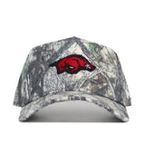 The No Rivals Arkansas Outland Hat is a camouflage baseball cap with a red razorback hog logo embroidered on the front, made from high-quality cotton, featuring a structured fit and an adjustable snap back closure.