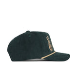 The No Rivals Saturday Scramble Cord Hat in dark green cotton corduroy features a beige rope detail above the brim and embroidered front logos, displayed in side profile against a white background.
