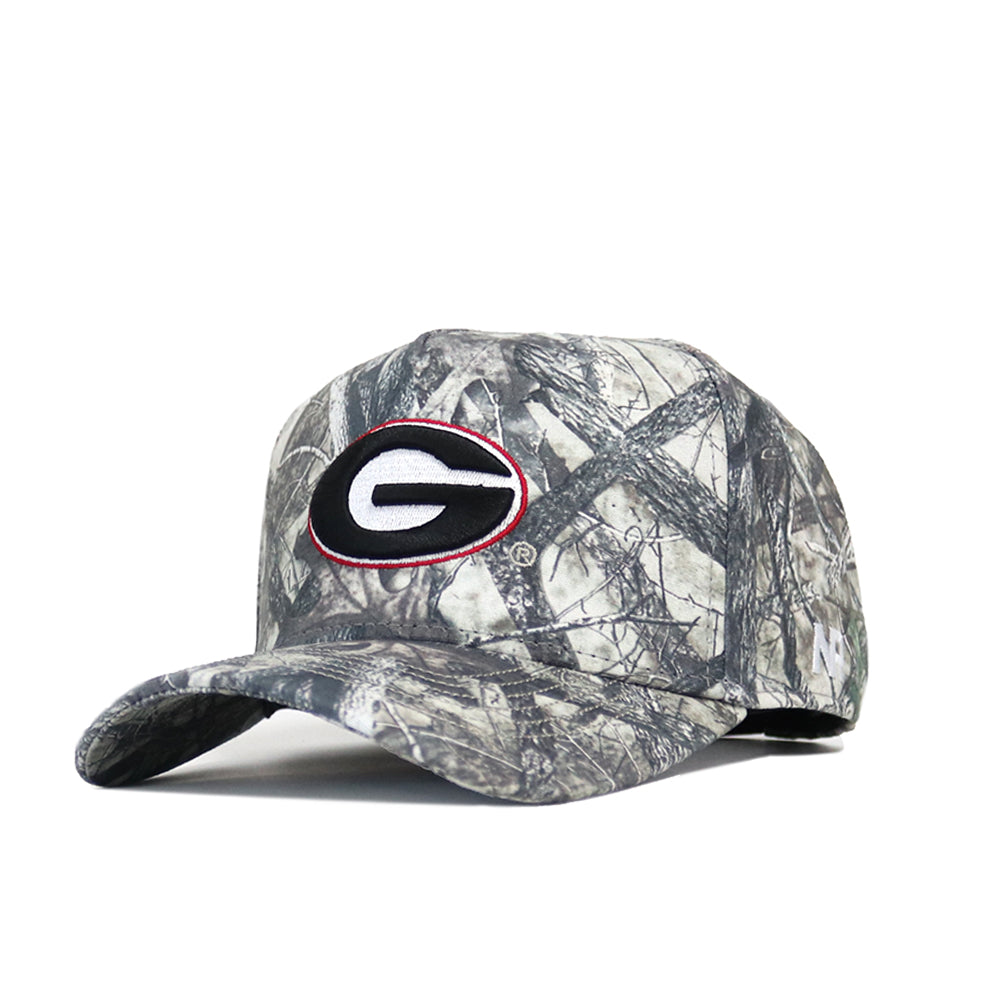 The No Rivals Georgia Outland Hat is a cotton camouflage baseball cap with a curved brim, structured fit, and the University of Georgia G logo on the front, shown against a white background.