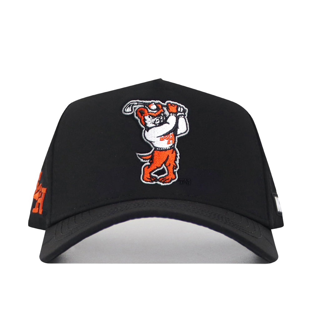 The No Rivals Sam Houston State Golf Hat in black features an embroidered cartoon dog swinging a golf club on the front with orange and white accents, plus a snapback closure for an adjustable gameday fit.
